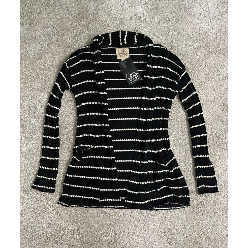 Chaser Black And White Striped Women's Cardigan Sweater Size XS